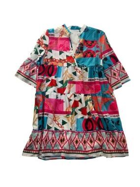 Boho Multicolor Patchwork Tiered Tunic Dress Large